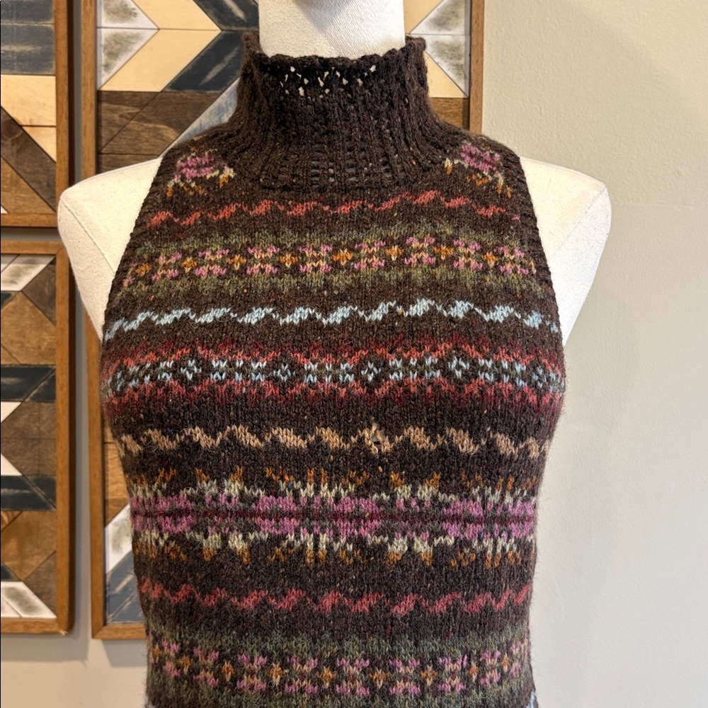 Vintage Ralph Lauren Blue Label Brown Fair Isle Hand Knit Sleeveless Sweater M - Picture 3 of 13